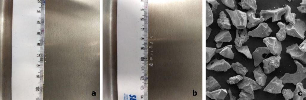 Figura 1 - Fotografias das dimensões e micrografia do PSA. (a) PSA – Tamanho natural; (b) PSA – Com água; (c) PSA – Morfologia
